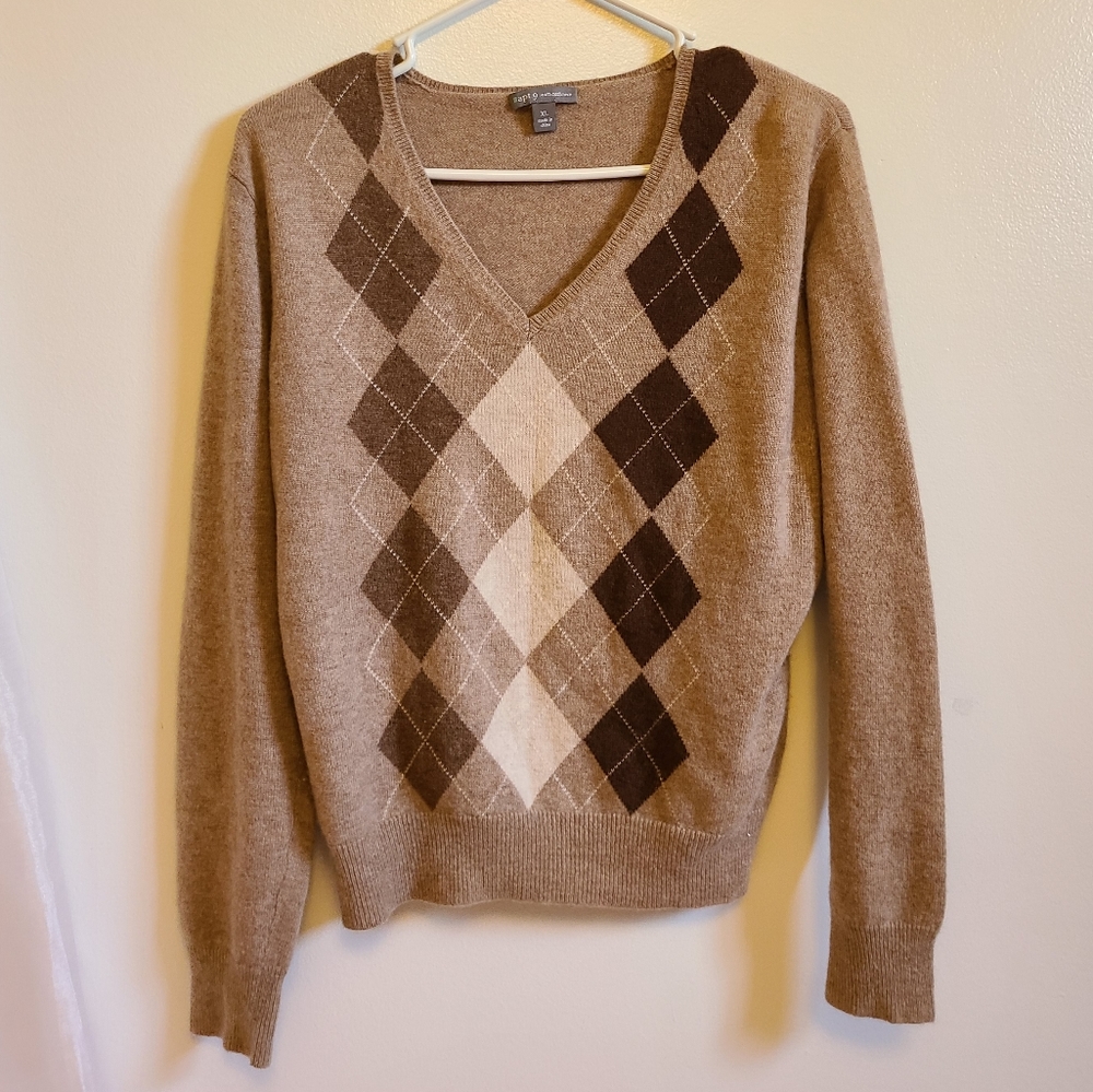 Apt. 9 Tan Argyle V-Neck Cashmere Sweater Size XL